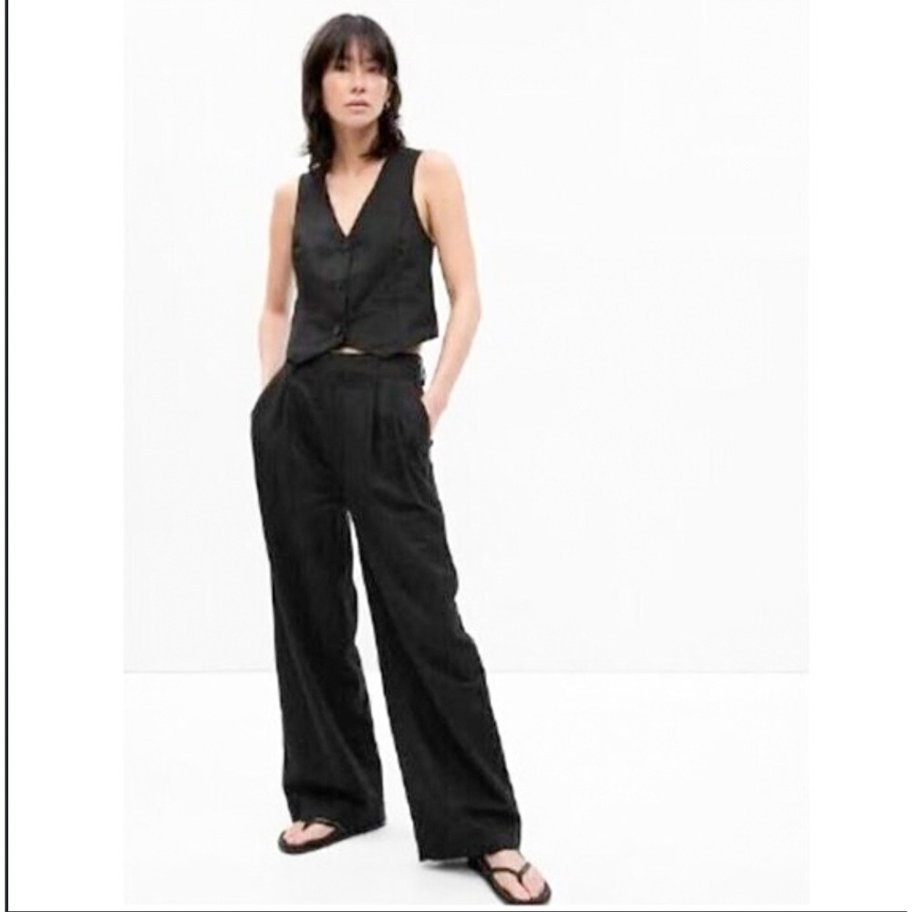 Gap Pants Trousers 8 Linen Cotton Wide Leg Pleated Black High Rise